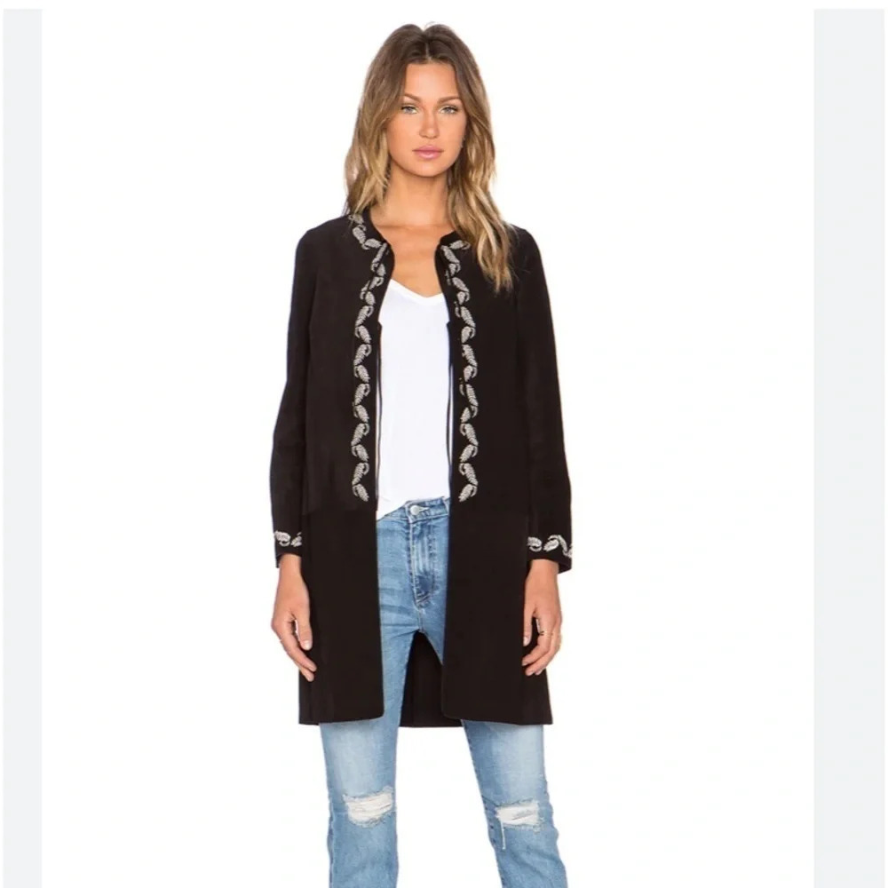 AG Adriano Goldschmied x Alexa Chung The Walker Coat Black Suede Embroidered XS